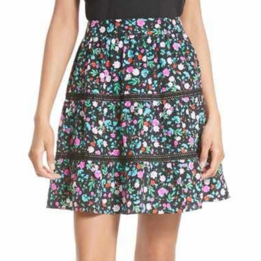 Kate Spade Greenhouse Silk Lace Black Ruffle Floral Mini Skirt 0 XS